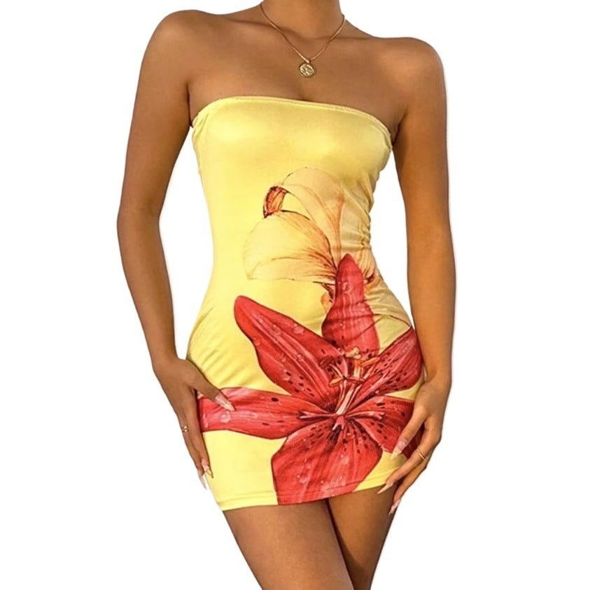 Strapless Bodycon Mini Dress with Large Floral Print