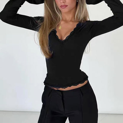 Slim Fit V-Neck Top with Lace Trim and Bell Sleeves