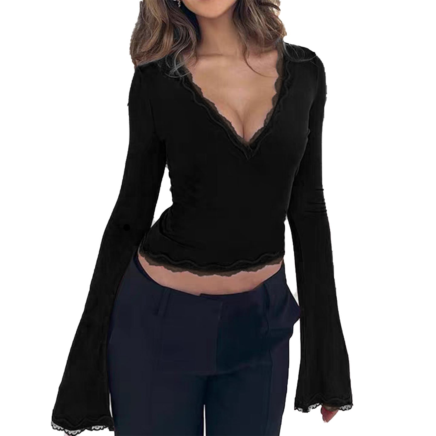 Slim Fit V-Neck Top with Lace Trim and Bell Sleeves