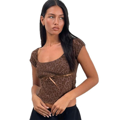 Leopard Print Babydoll Top with Square Neck and Ribbon Bow