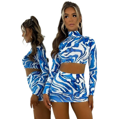 Zebra Print Bodycon Skirt Set with Mock Neck