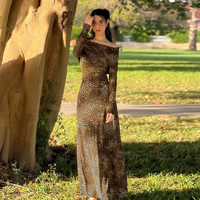 Leopard Print Bodycon Maxi Dress with Square Collar