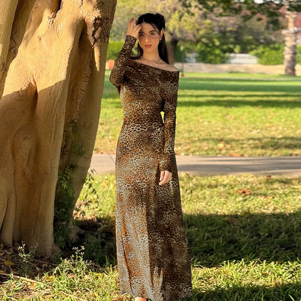 Leopard Print Bodycon Maxi Dress with Square Collar