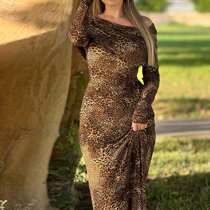 Leopard Print Bodycon Maxi Dress with Square Collar