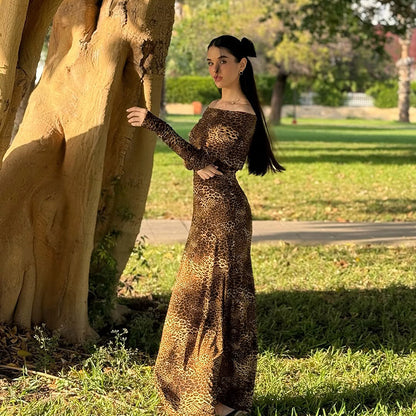 Leopard Print Bodycon Maxi Dress with Square Collar