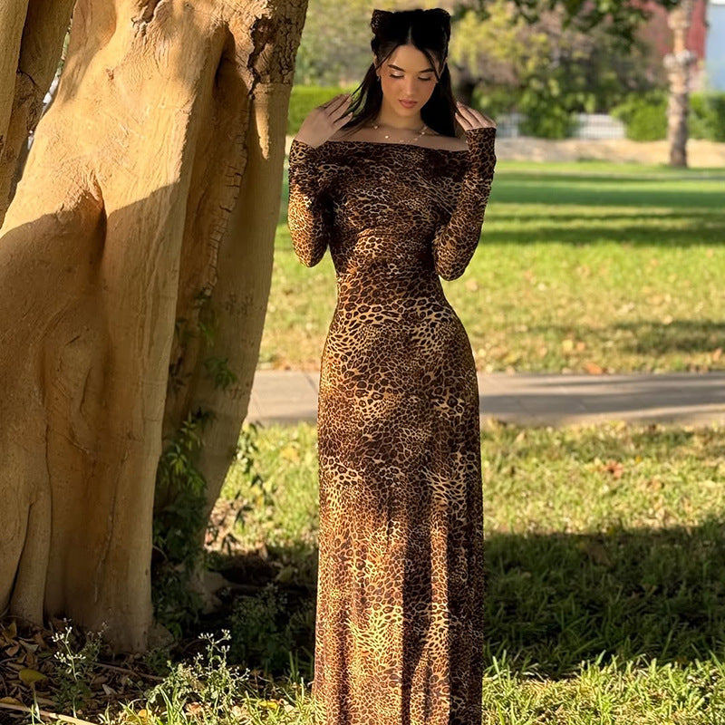 Leopard Print Bodycon Maxi Dress with Square Collar