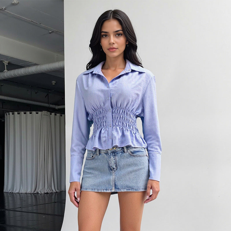 Striped Peplum Shirt with Smocked Waist and Long Sleeves