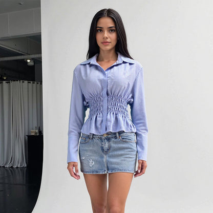 Striped Peplum Shirt with Smocked Waist and Long Sleeves