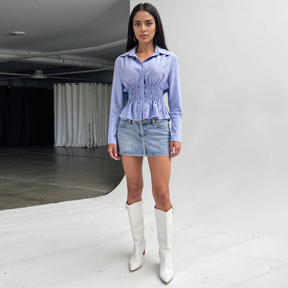Striped Peplum Shirt with Smocked Waist and Long Sleeves