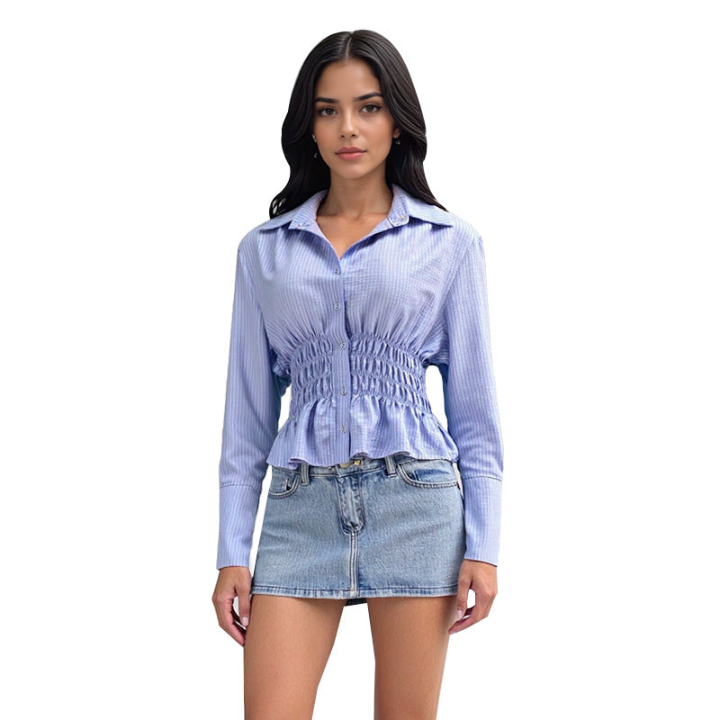 Striped Peplum Shirt with Smocked Waist and Long Sleeves
