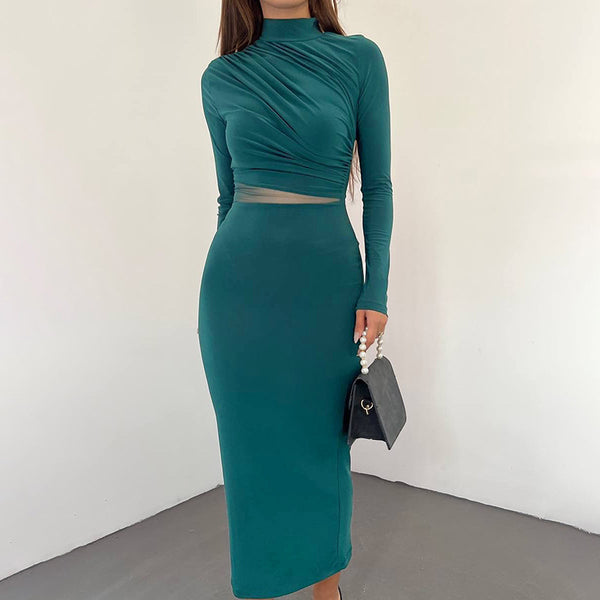 Ruched Bodycon Maxi Dress with Mock Neck and Mesh Cutout