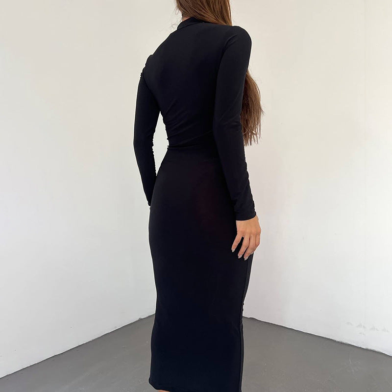 Ruched Bodycon Maxi Dress with Mock Neck and Mesh Cutout