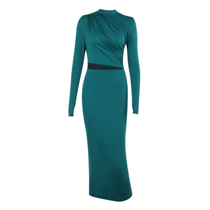 Ruched Bodycon Maxi Dress with Mock Neck and Mesh Cutout