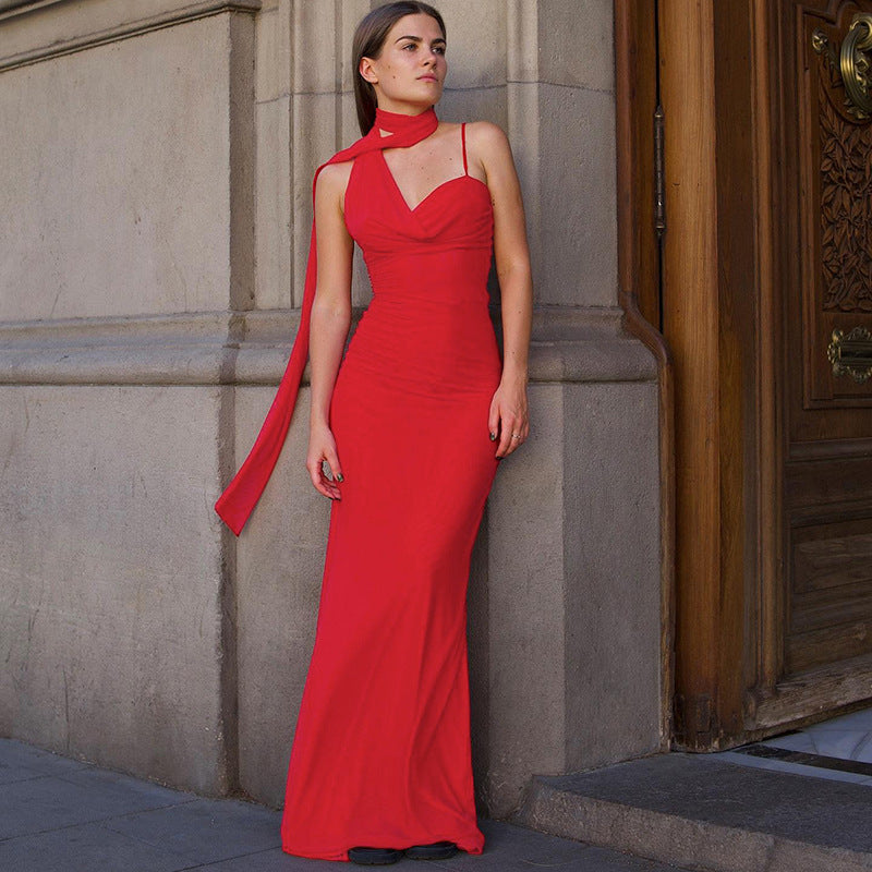 Bodycon Maxi Dress with Scarf Neck and V-Neckline