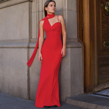 Bodycon Maxi Dress with Scarf Neck and V-Neckline