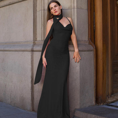 Bodycon Maxi Dress with Scarf Neck and V-Neckline