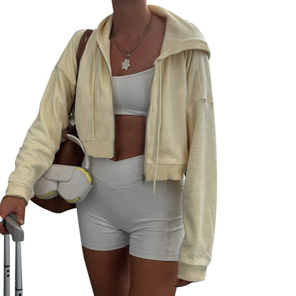 Solid Cropped Zip-Up Hoodie with Ribbed Trim