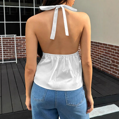 Deep V-Neck Halter Top with Backless Tie Detail