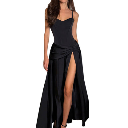 Solid Spaghetti Strap Maxi Dress with Draped Waist and High Slit