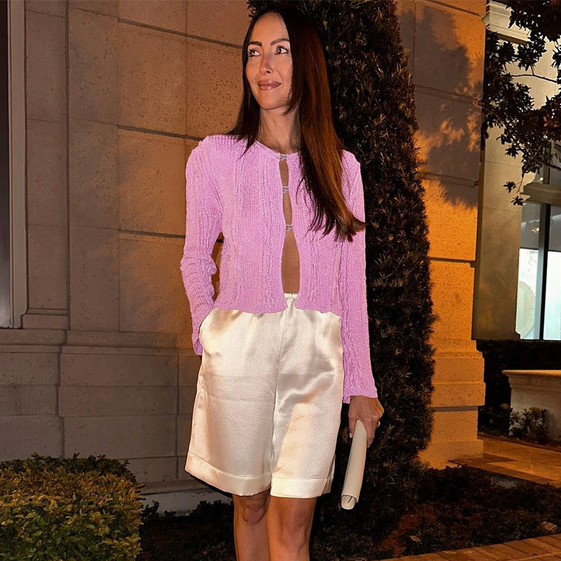 Textured Knit Cardigan with Round Neck and Link Closures