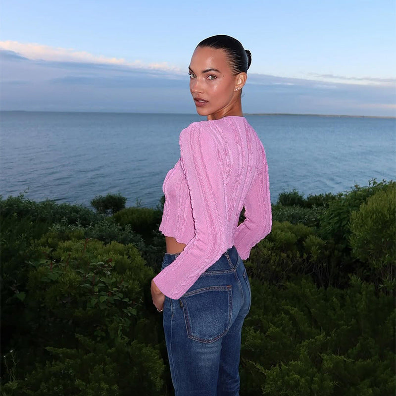 Textured Knit Cardigan with Round Neck and Link Closures
