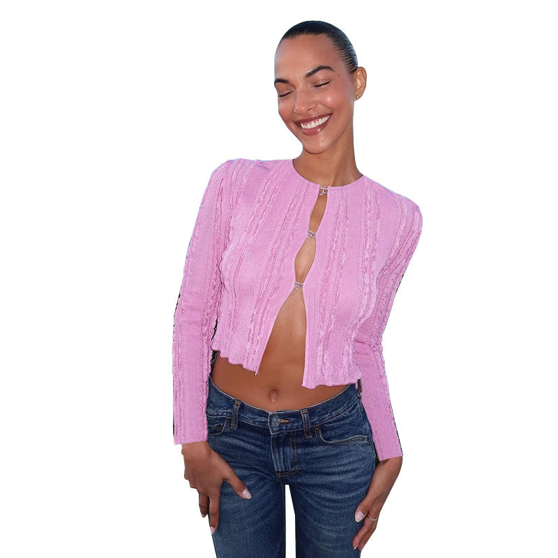 Textured Knit Cardigan with Round Neck and Link Closures