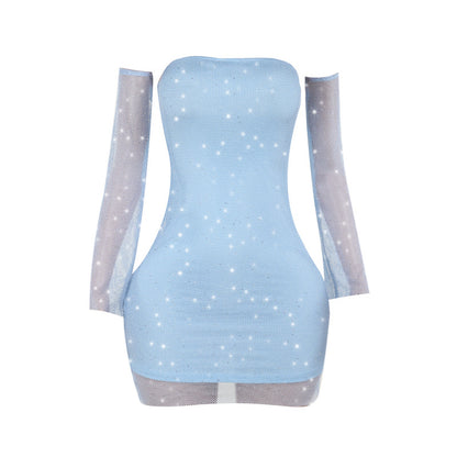 Shimmering Bodycon Mini Dress with Mesh Flare Sleeves