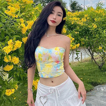 Floral Print Strapless Tube Top with Cropped Hem