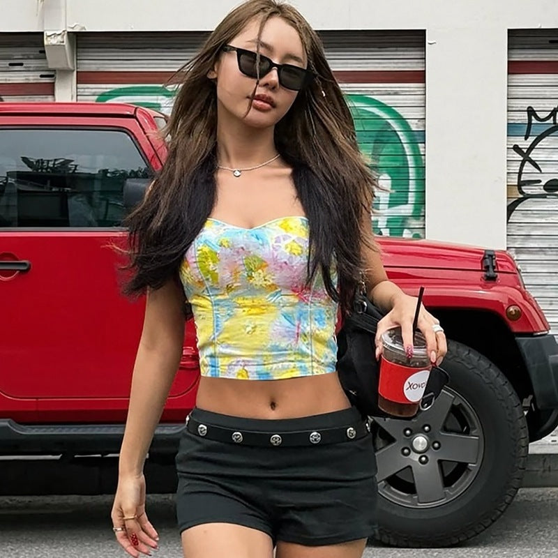 Floral Print Strapless Tube Top with Cropped Hem