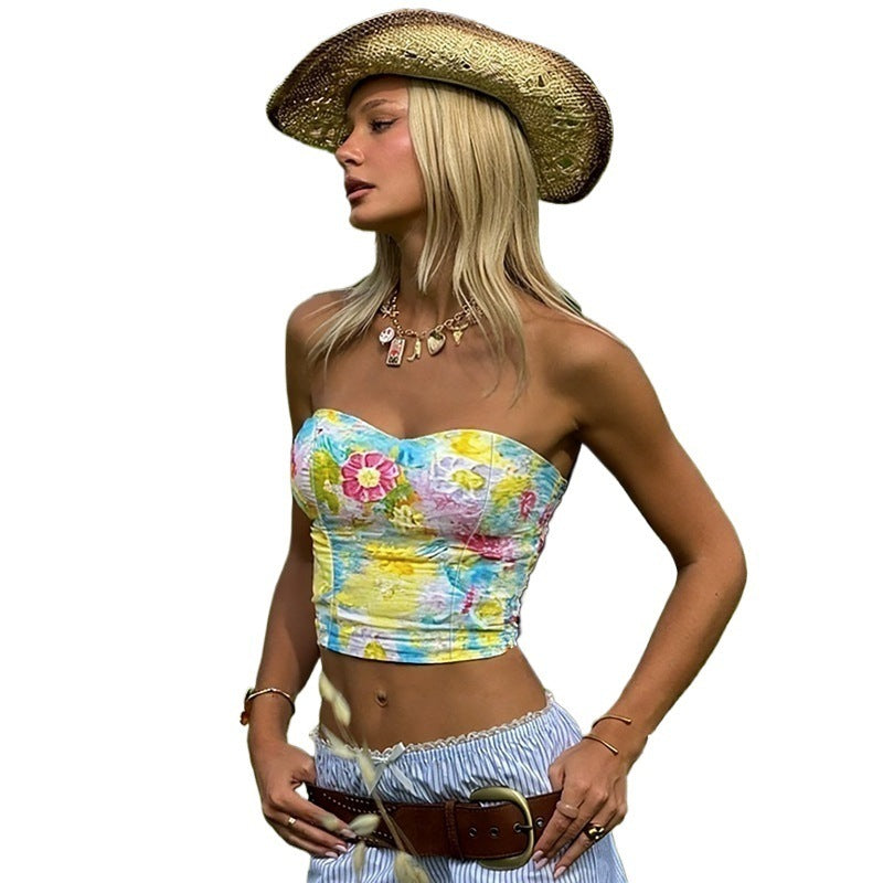 Floral Print Strapless Tube Top with Cropped Hem