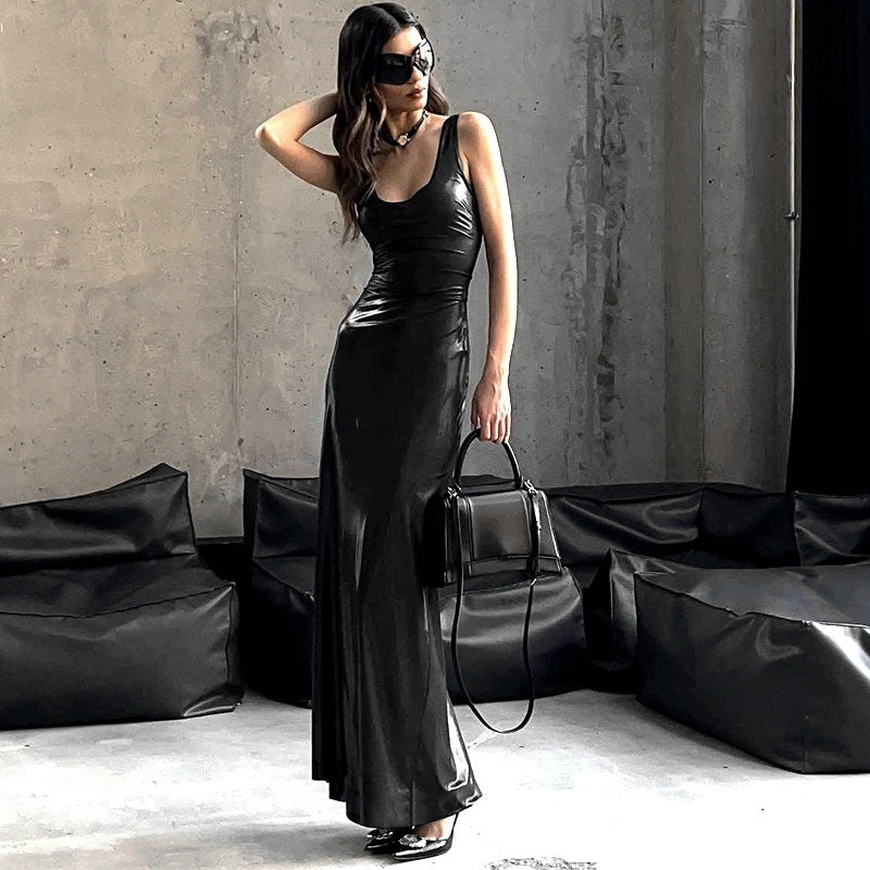 Ruched Metallic Bodycon Maxi Dress with Scoop Neck