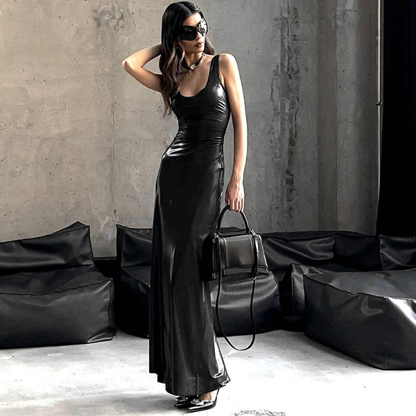 Ruched Metallic Bodycon Maxi Dress with Scoop Neck