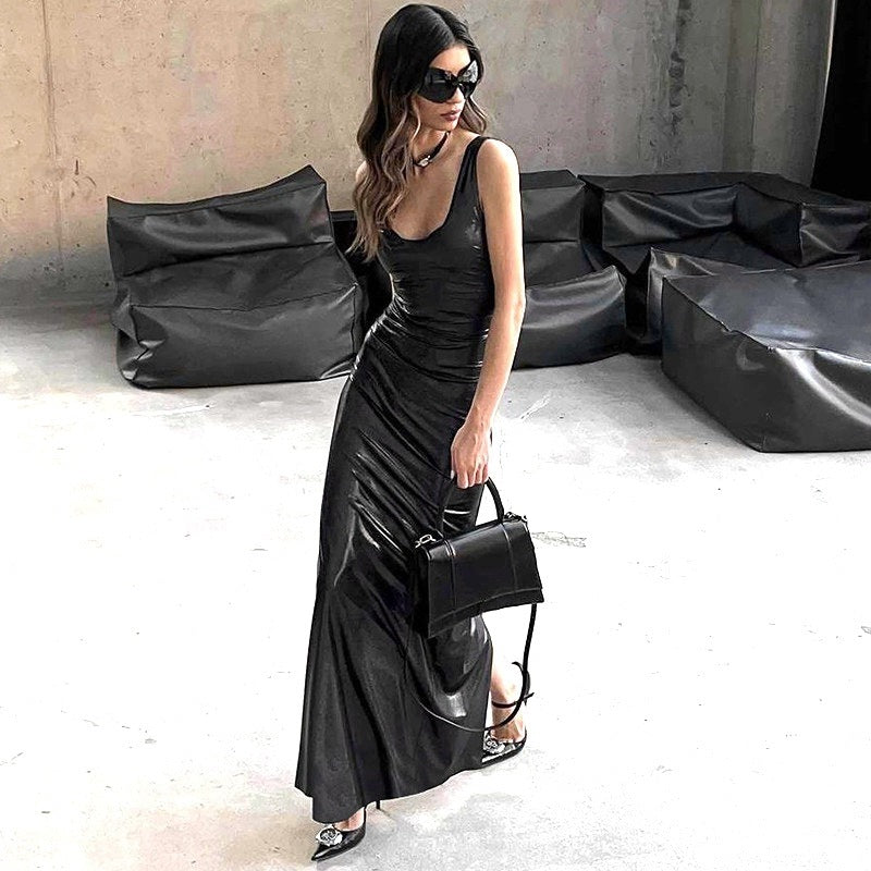 Ruched Metallic Bodycon Maxi Dress with Scoop Neck