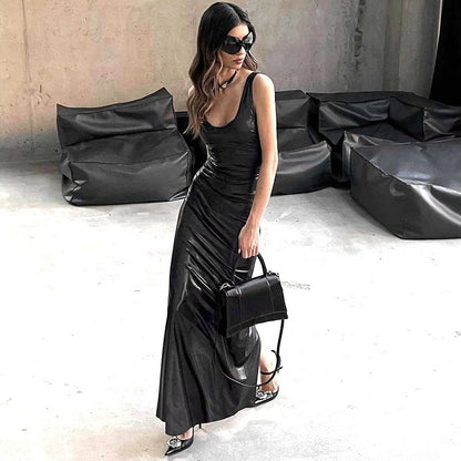 Ruched Metallic Bodycon Maxi Dress with Scoop Neck