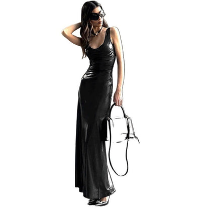 Ruched Metallic Bodycon Maxi Dress with Scoop Neck