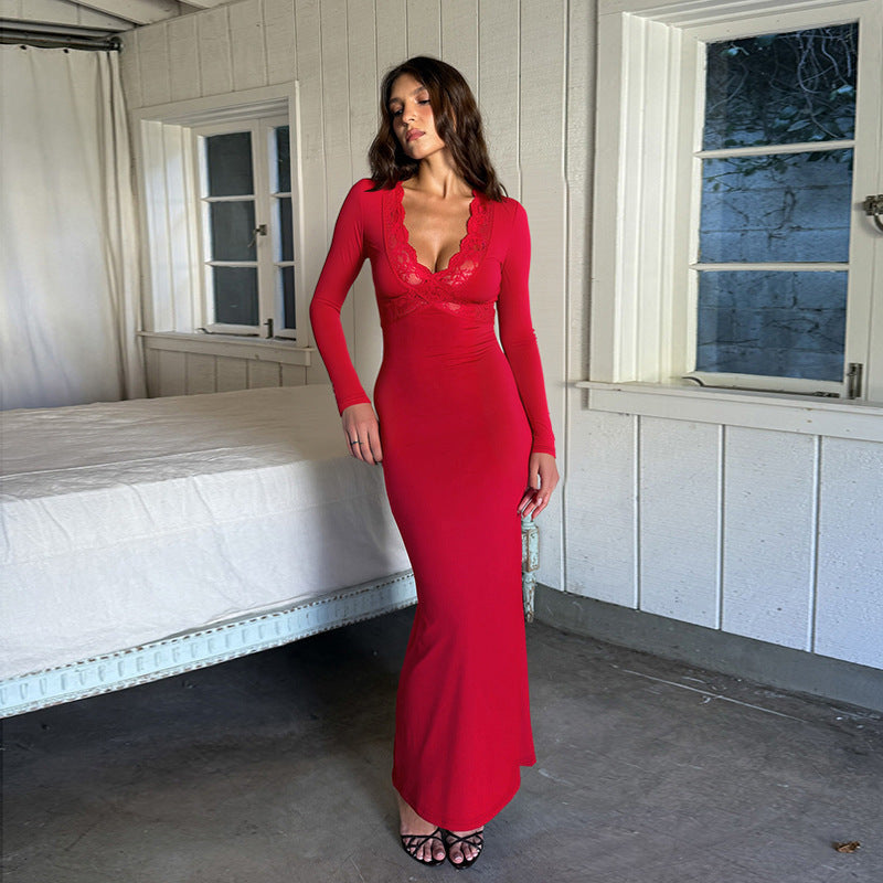 Bodycon Maxi Dress with Lace-Trim V-Neck and Long Sleeves