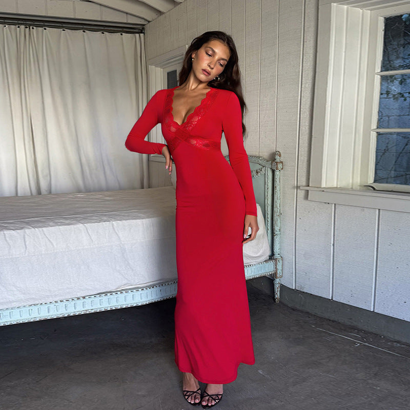Bodycon Maxi Dress with Lace-Trim V-Neck and Long Sleeves