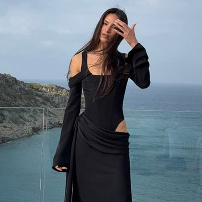 Bodycon Jumpsuit with Draped Skirt and Off-the-Shoulder Sleeves