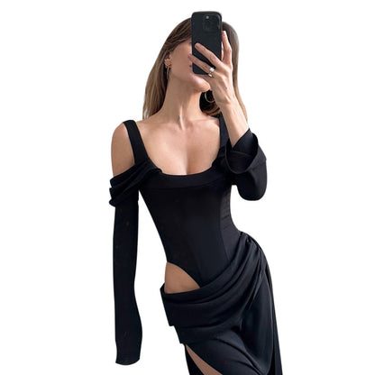 Bodycon Jumpsuit with Draped Skirt and Off-the-Shoulder Sleeves