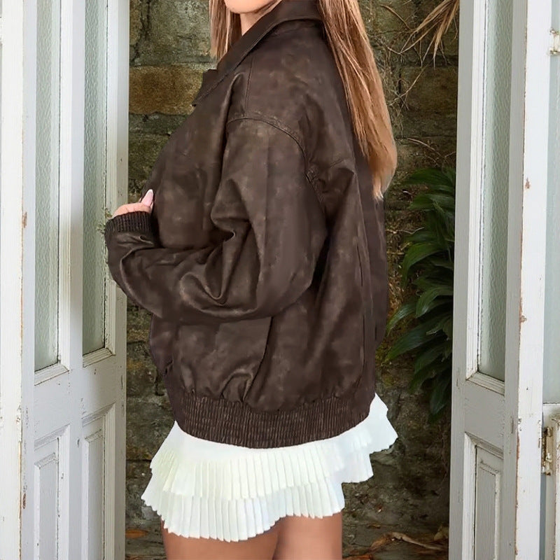 Loose Distressed Bomber Jacket with Lapel and Ribbed Trim