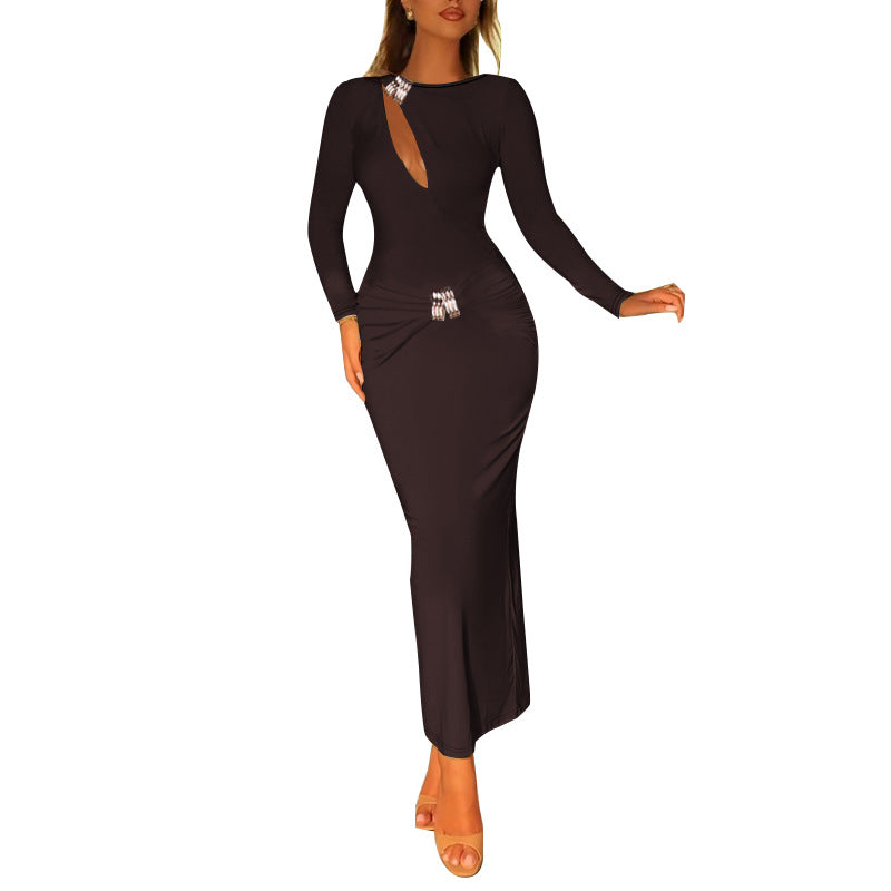 Bodycon Maxi Dress with Diagonal Cutout and Metal Accents