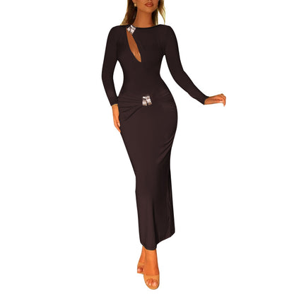 Bodycon Maxi Dress with Diagonal Cutout and Metal Accents