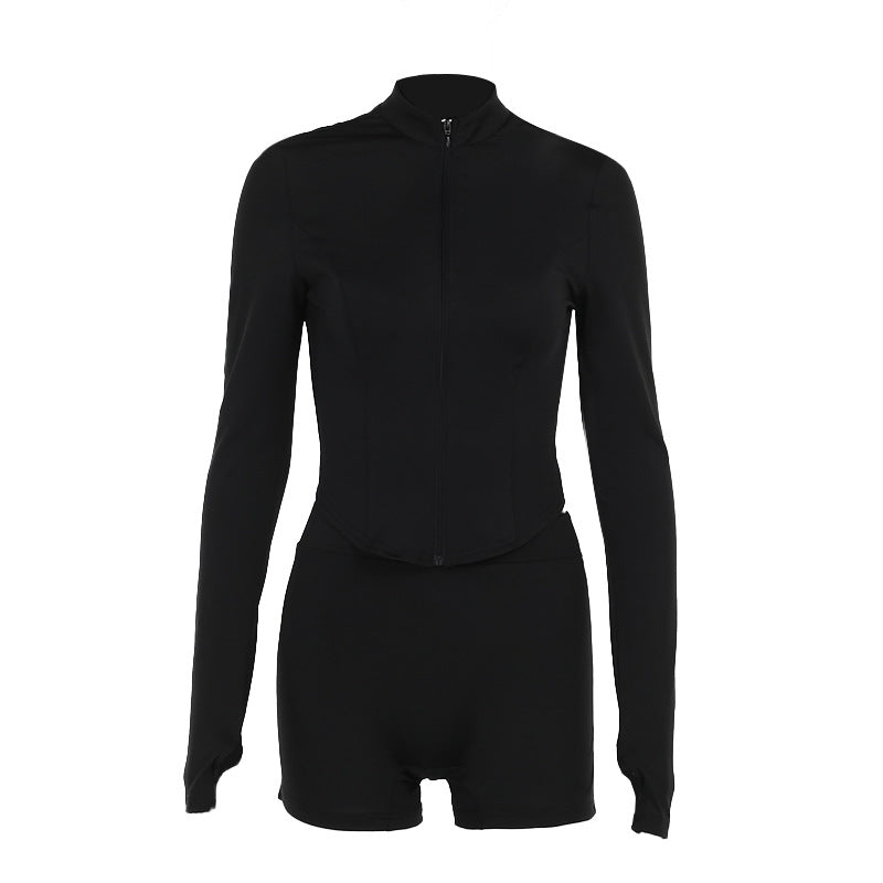 Slim-Fit Two-Piece Set with Zip-Up Top and Side Stripes