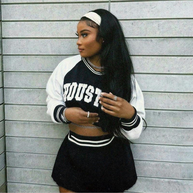 Letter Print Skirt Set with Cropped Baseball Sweater