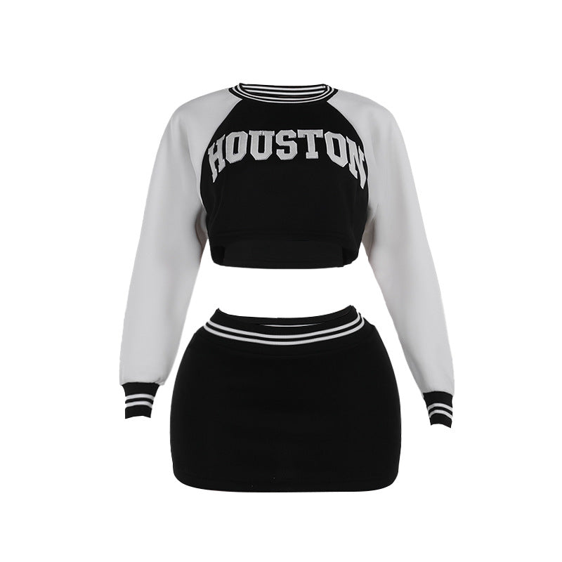 Letter Print Skirt Set with Cropped Baseball Sweater