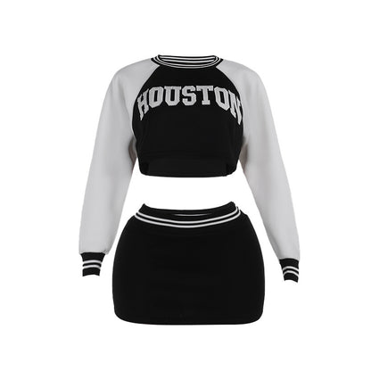 Letter Print Skirt Set with Cropped Baseball Sweater