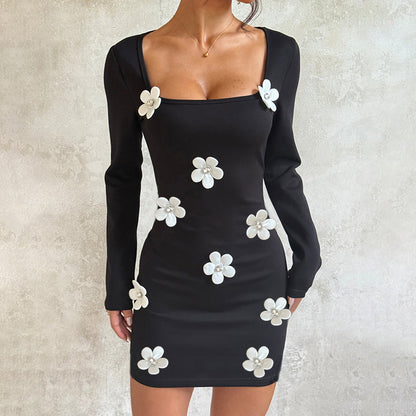 Bodycon Mini Dress with 3D Flower Appliqués and Long Sleeves
