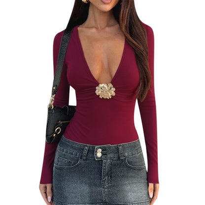 Bodycon Long Sleeve Top with Deep V-Neck and Gold Floral Brooch