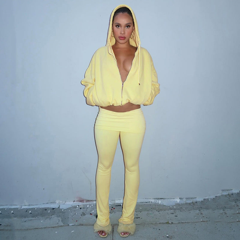 Cropped Zip-Up Hoodie and Flared Leggings Two-Piece Set