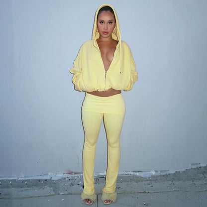 Cropped Zip-Up Hoodie and Flared Leggings Two-Piece Set